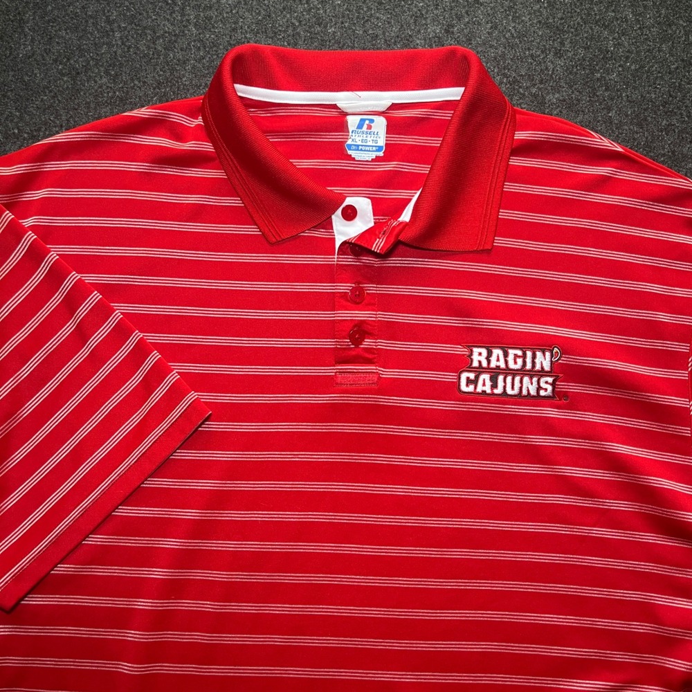 Russell Polo Shirt Mens XL Red Excellent Ragin Cajuns Striped Dri-Power 835KCMK